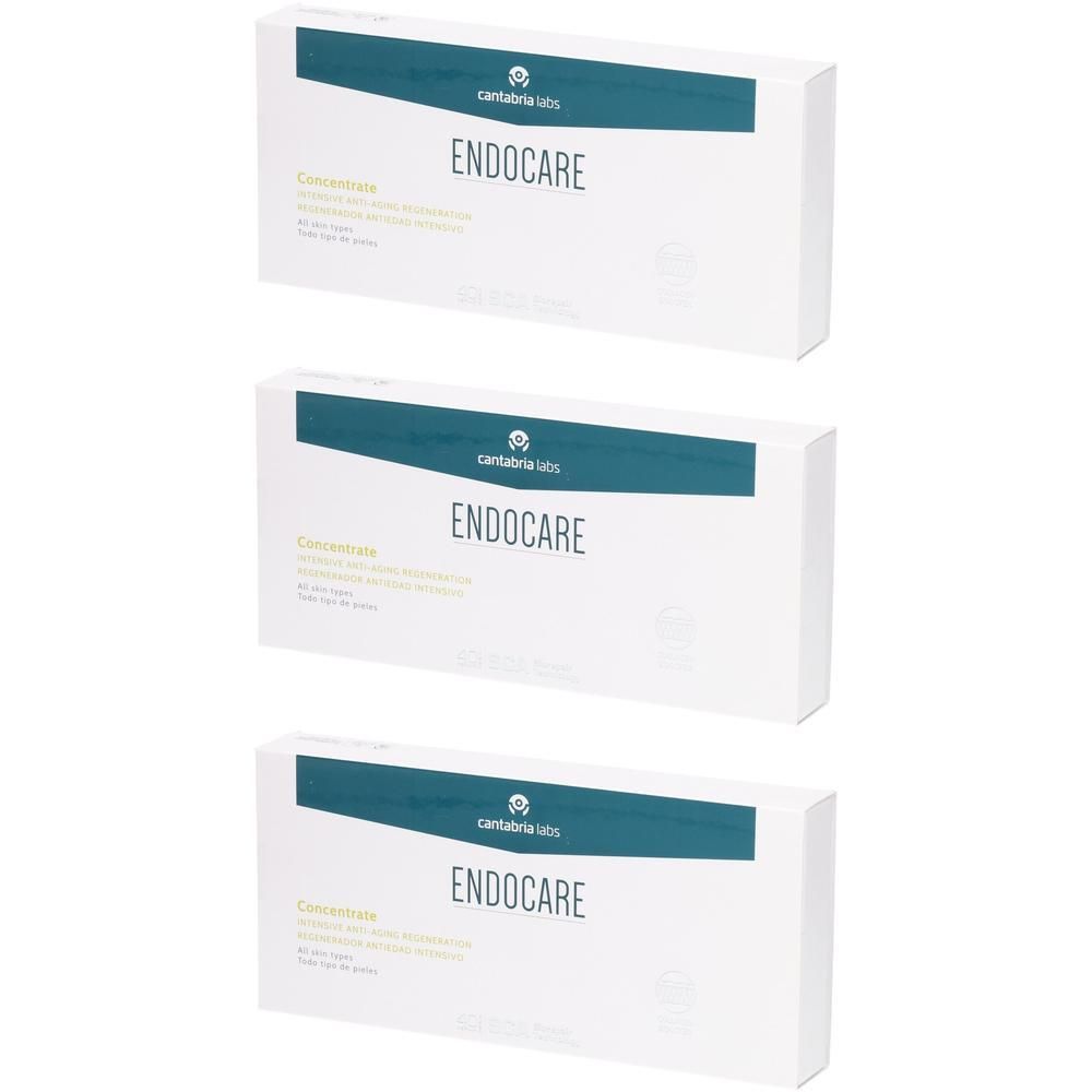 Drie verpakkingen Endocare Concentraat met Cantabria Labs logo.