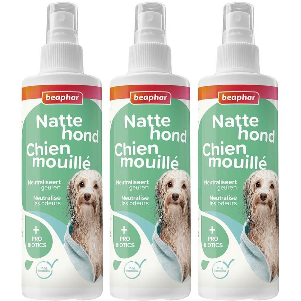 Drie spuitflessen Beaphar Natte hond, met hondenafbeelding en Probiotica-logo.