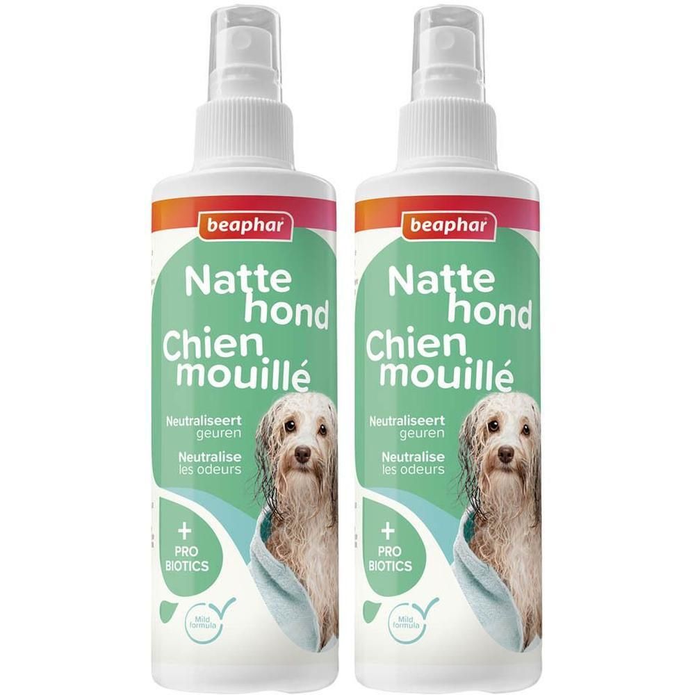 Deux flacons pulvérisateurs Beaphar Natte Hond Chien Mouillé avec probiotiques pour neutraliser les odeurs.