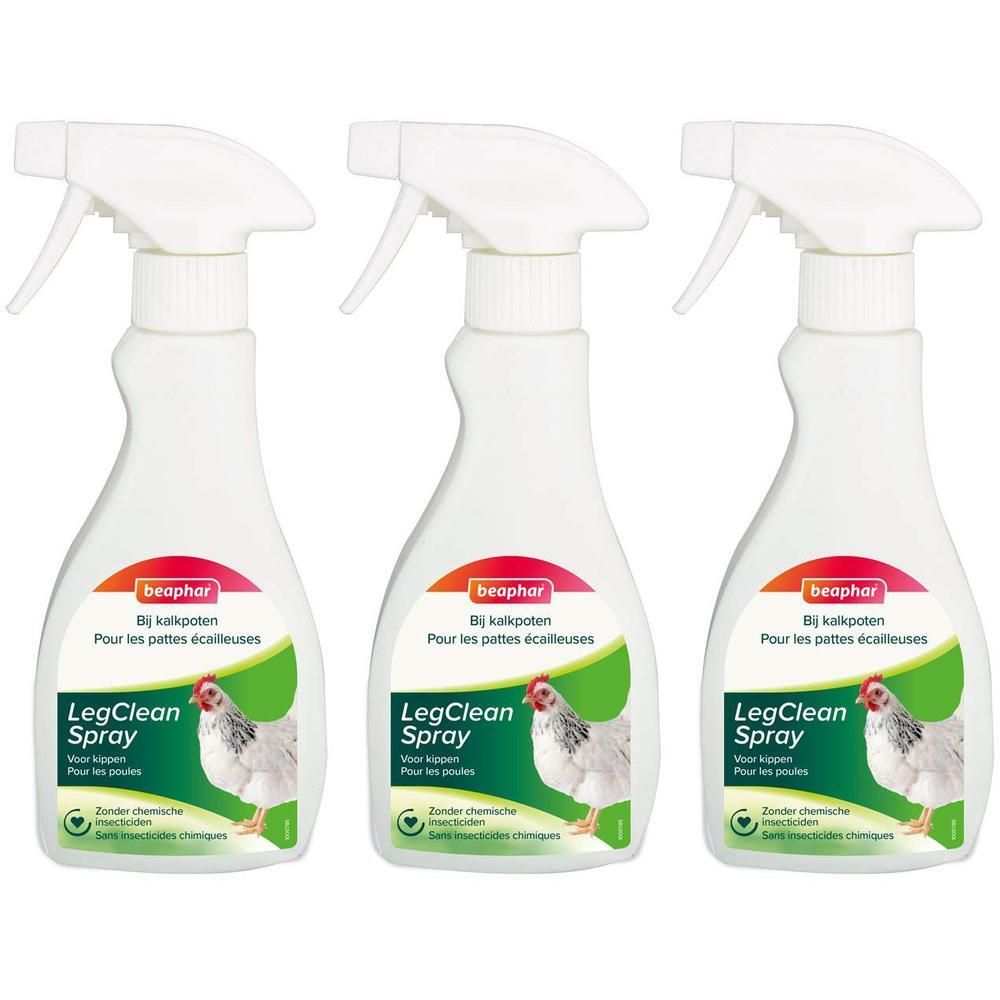 Trois flacons pulvérisateurs blancs Beaphar LegClean Spray avec illustration de poule.