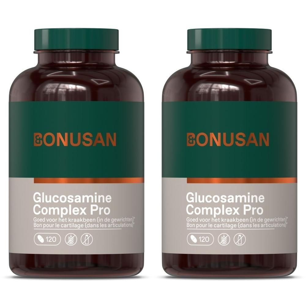 Deux flacons de Bonusan Glucosamine Complex Pro, 120 capsules chacun. Flacons marron foncé avec étiquettes vertes.