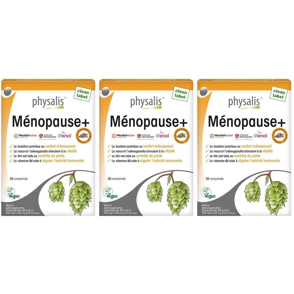 Trois boîtes Physalis Ménopause+ de 30 comprimés chacune, avec illustration de houblon.