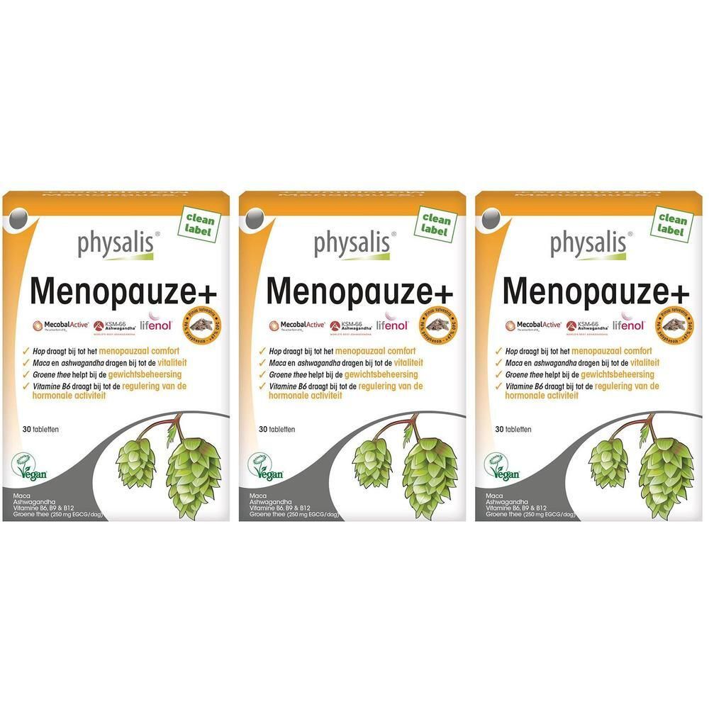 Drie pakken Physalis Menopauze+ van 30 tabletten elk, met hopafbeelding.