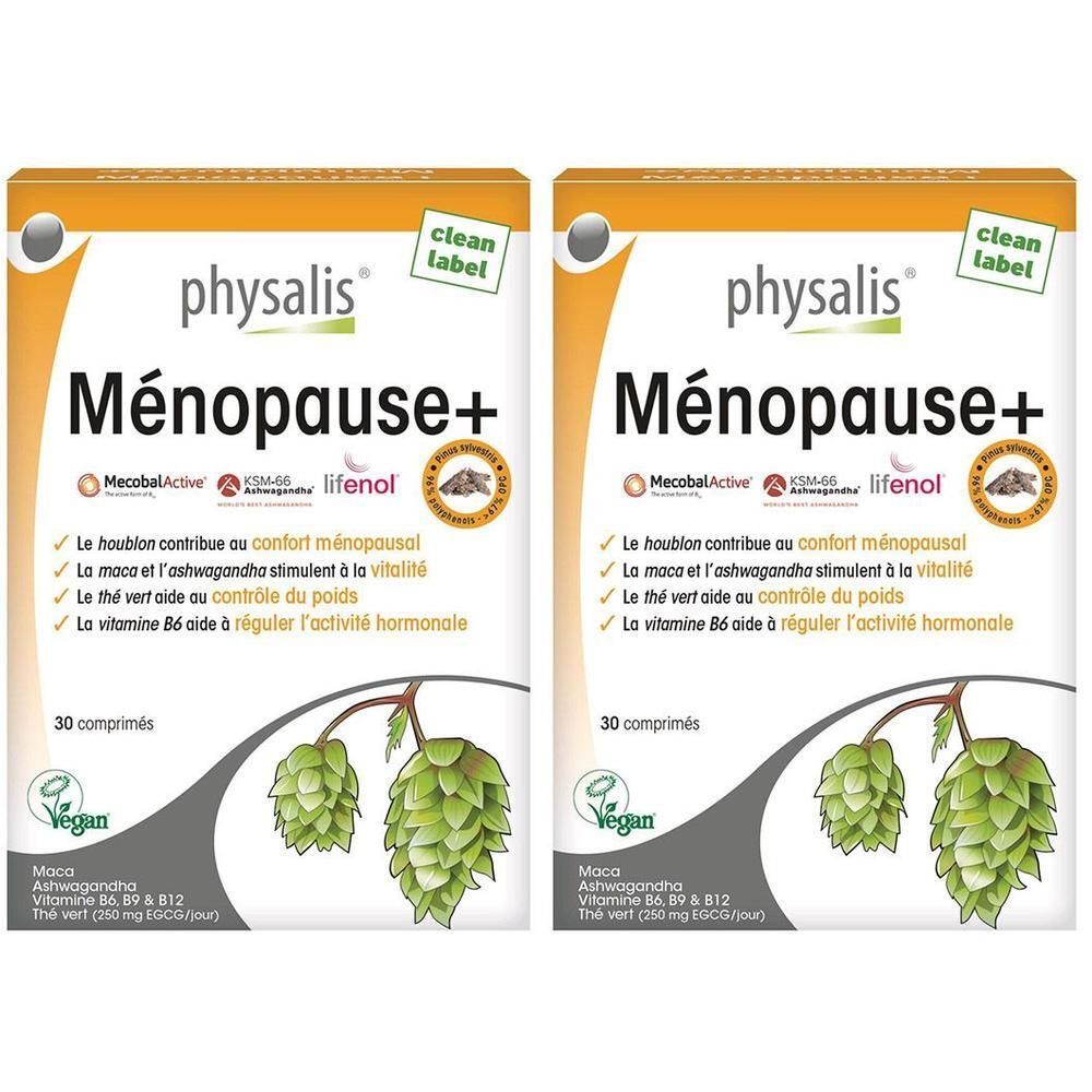 Deux boîtes Physalis Mèopause+ de 30 comprimés chacune. Contient Maca, Ashwagandha, Houblon et Thé vert.