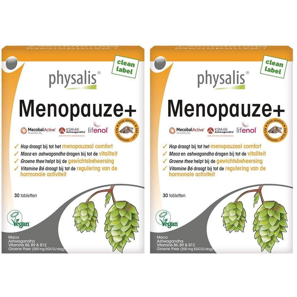 Twee verpakkingen Physalis Menopause+ van 30 tabletten elk. Bevat Maca, Ashwagandha, Hop en Groene thee.
