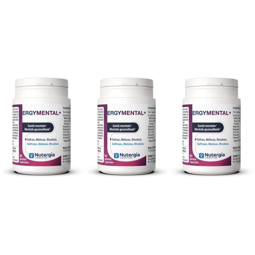 Drie flessen Ergymental+ met capsules. Bevat Saffraan, Melisse, Rhodiola. Merk: Nutergia.