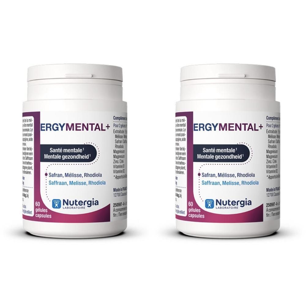 Twee flacons Ergymental+ met 60 capsules. Voor mentale gezondheid.