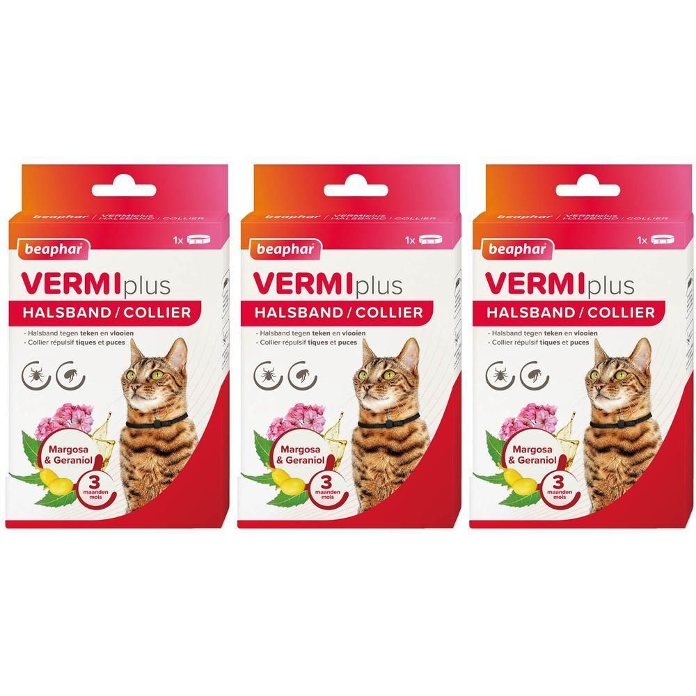 Trois colliers Beaphar VERMIplus pour chats en emballages individuels. Montre des images de chats et des informations produit.