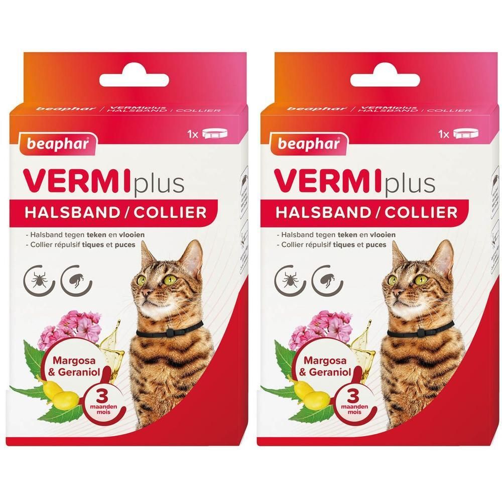 Twee verpakkingen Beaphar VERMIplus kattenband met Margosa & Geraniol. Toont een kat met halsband.