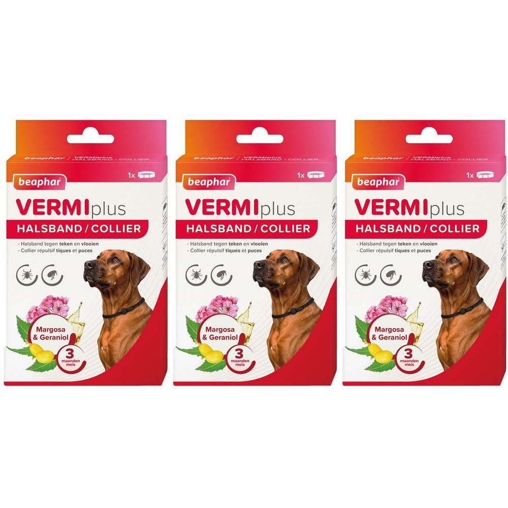 Drie Beaphar VERMIplus halsbanden voor honden tegen parasieten, met Margosa & Geraniol.
