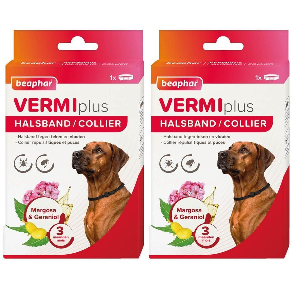 Twee pakken Beaphar VERMIplus halsband voor honden. Bevat Margosa & Geraniol. Werkt 3 maanden.
