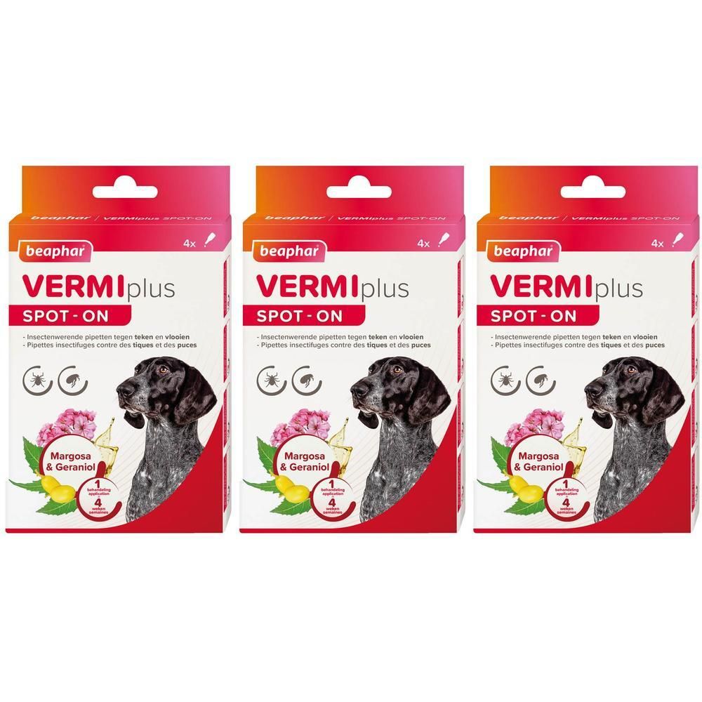 Drie verpakkingen Beaphar VERMIplus Spot-On voor honden met Margosa & Geraniol. Bevat 4 pipetten per verpakking.