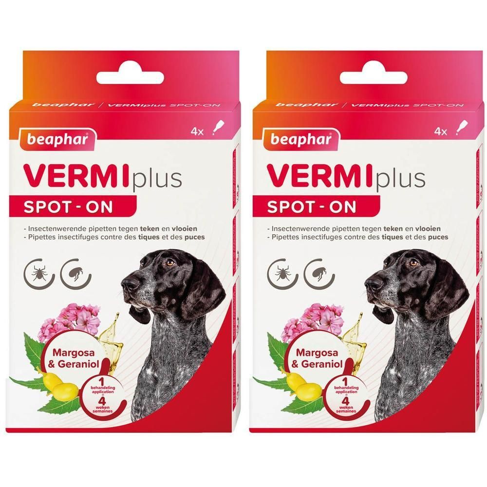 Beaphar VERMIplus Spot-On voor honden: Twee verpakkingen met elk 4 pipetten tegen teken en vlooien. Met Margosa en Geraniol.