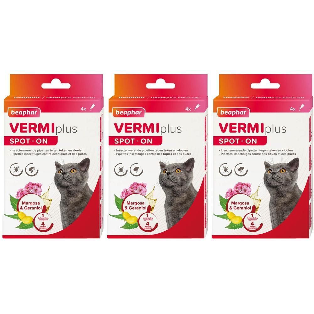 Trois boîtes Beaphar VERMIplus Spot-On pour chats avec Margosa & Géraniol.