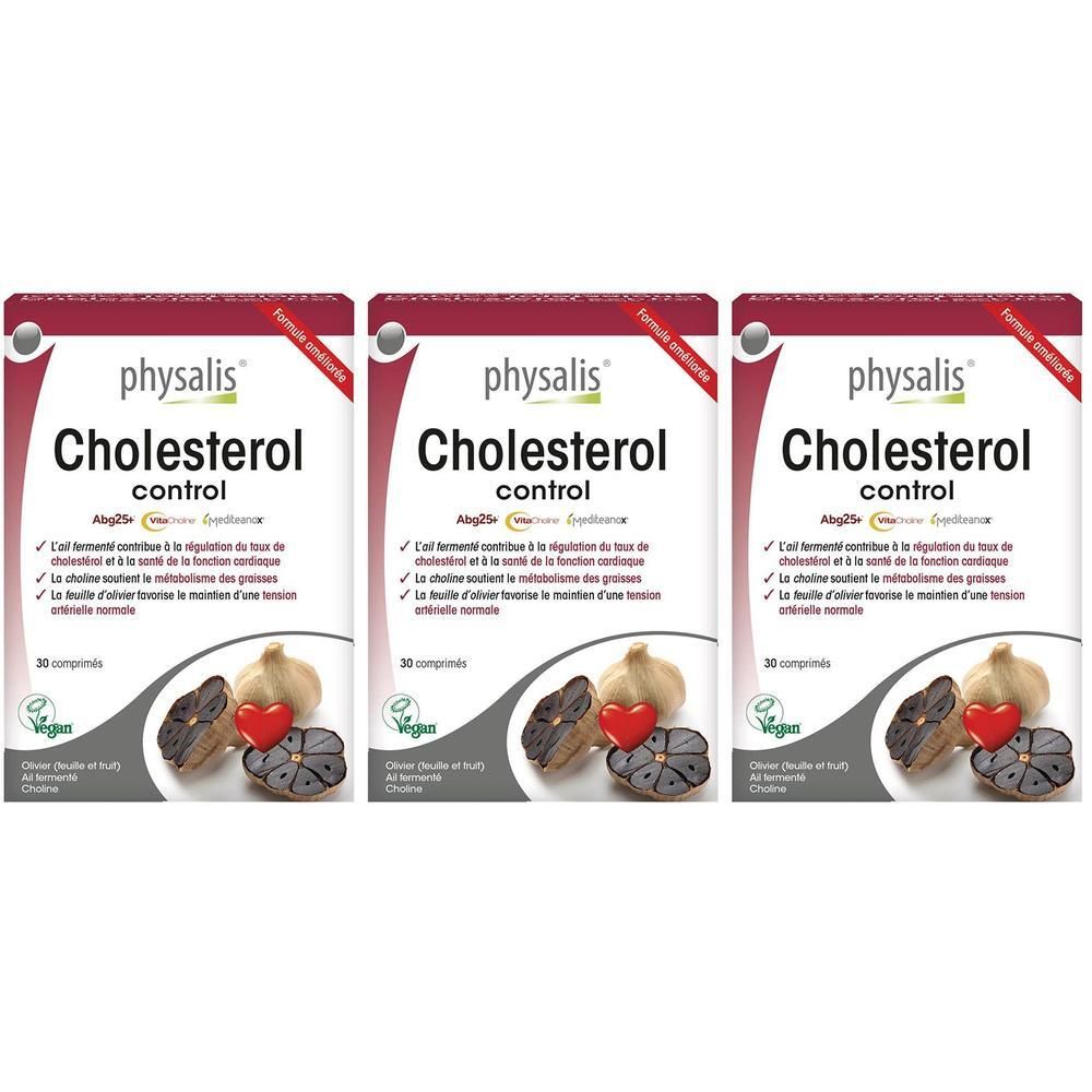 Trois boîtes de contrôle du cholestérol Physalis avec images d'ail et de cœur.