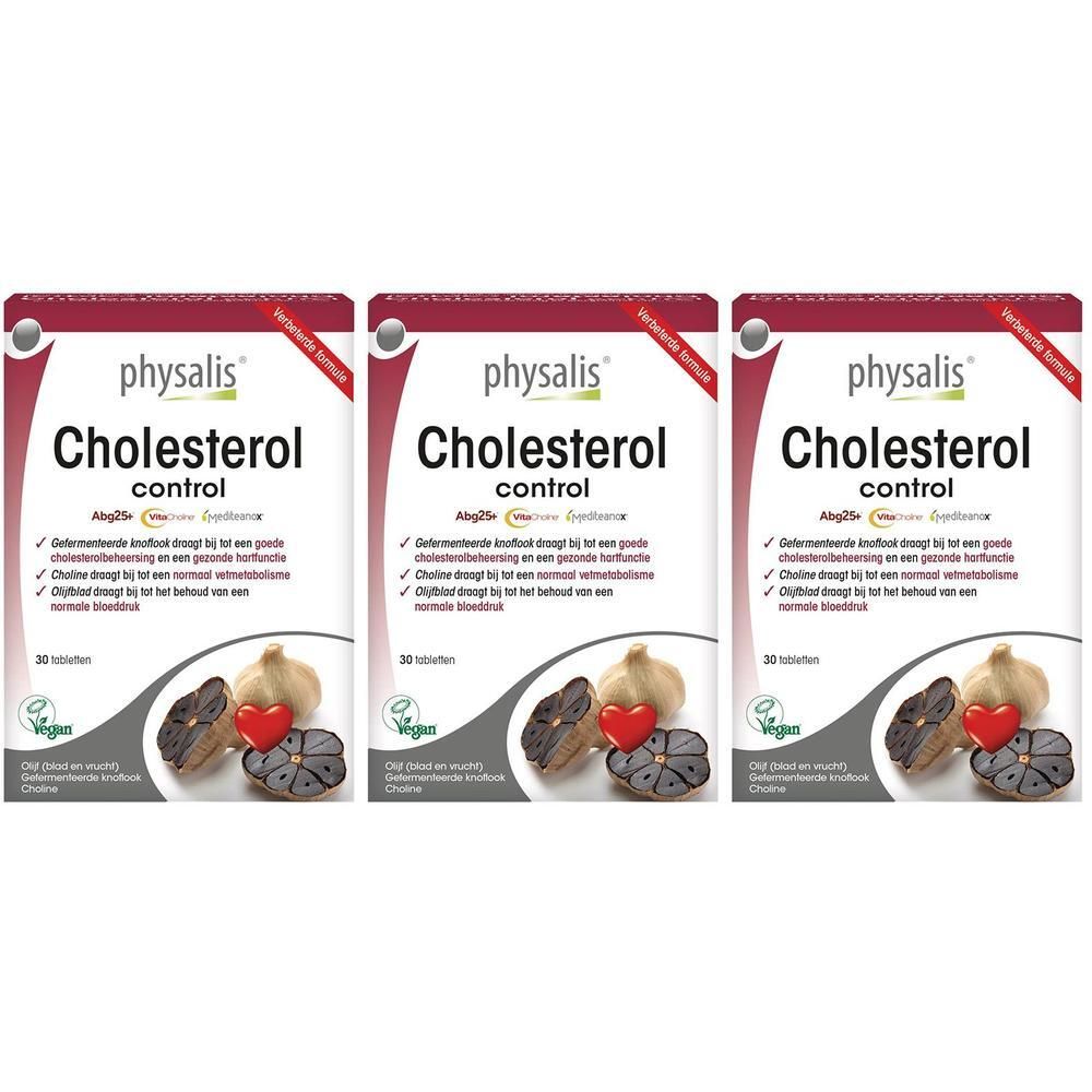 Drie pakken Physalis Cholesterol Control voedingssupplementen met knoflook- en hartafbeeldingen.