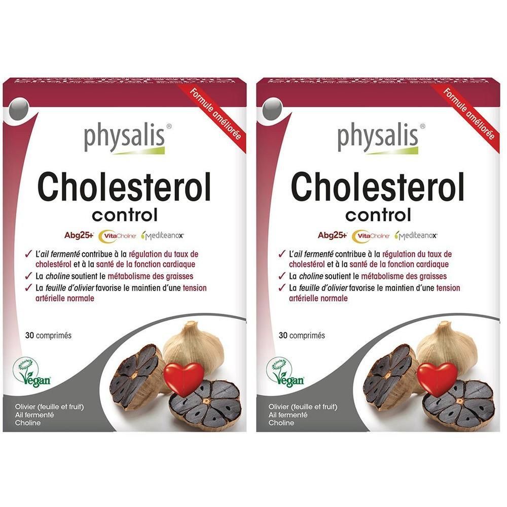 Deux boîtes Physalis Contrôle Cholestérol avec ail et cœur. 30 comprimés par boîte.