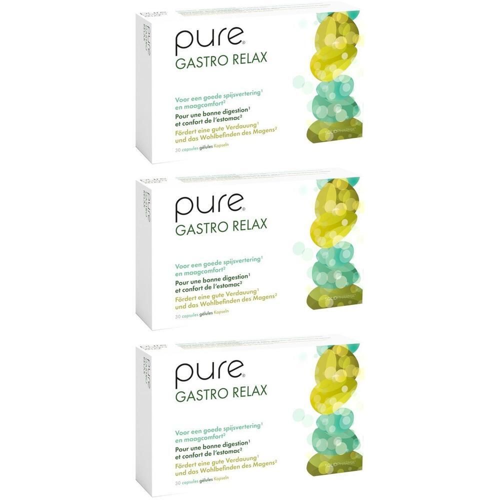 Trois paquets de Pure Gastro Relax avec des cercles colorés sur la droite.