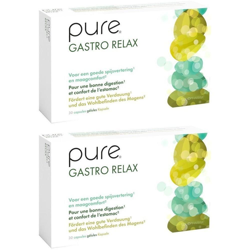 Twee pakken Pure Gastro Relax capsules met meertalige tekst en gekleurde bubbelafbeelding.