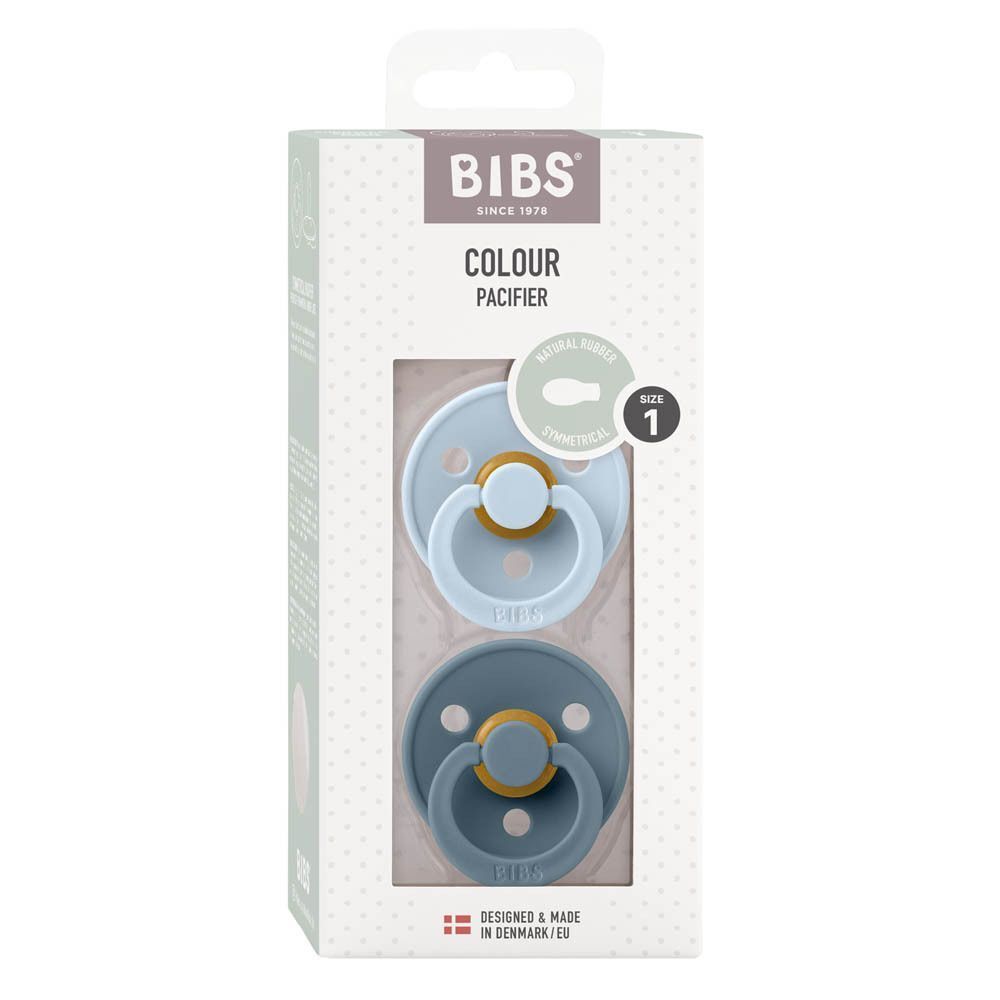 Set de tétines BIBS en emballage, taille 1. Deux tétines bleu bébé et pétrole.