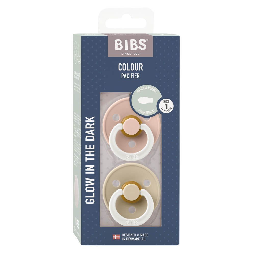 Emballage BIBS avec deux sucettes symétriques, taille 1, rose et beige, "Glow in the Dark".