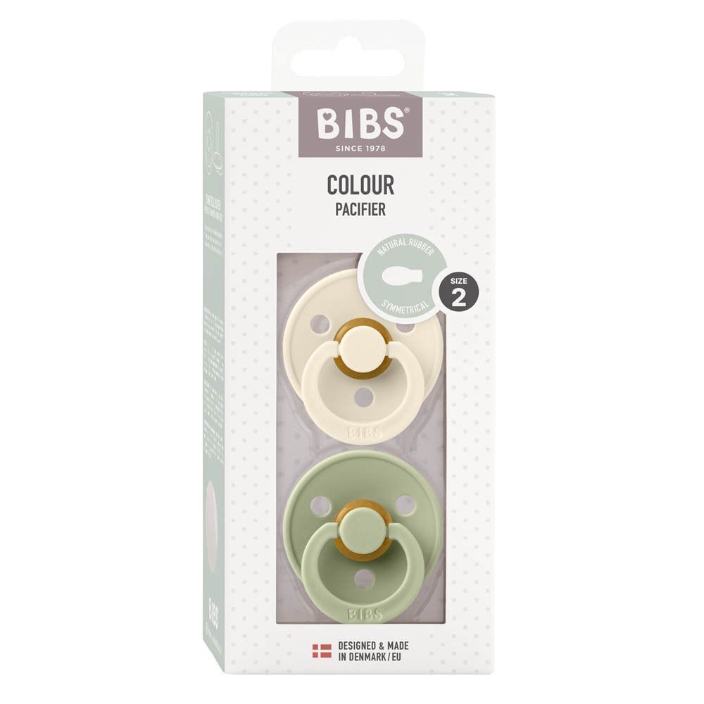 Emballage BIBS Colour Pacifier Taille 2 avec deux suces symétriques : crème et vert sauge.
