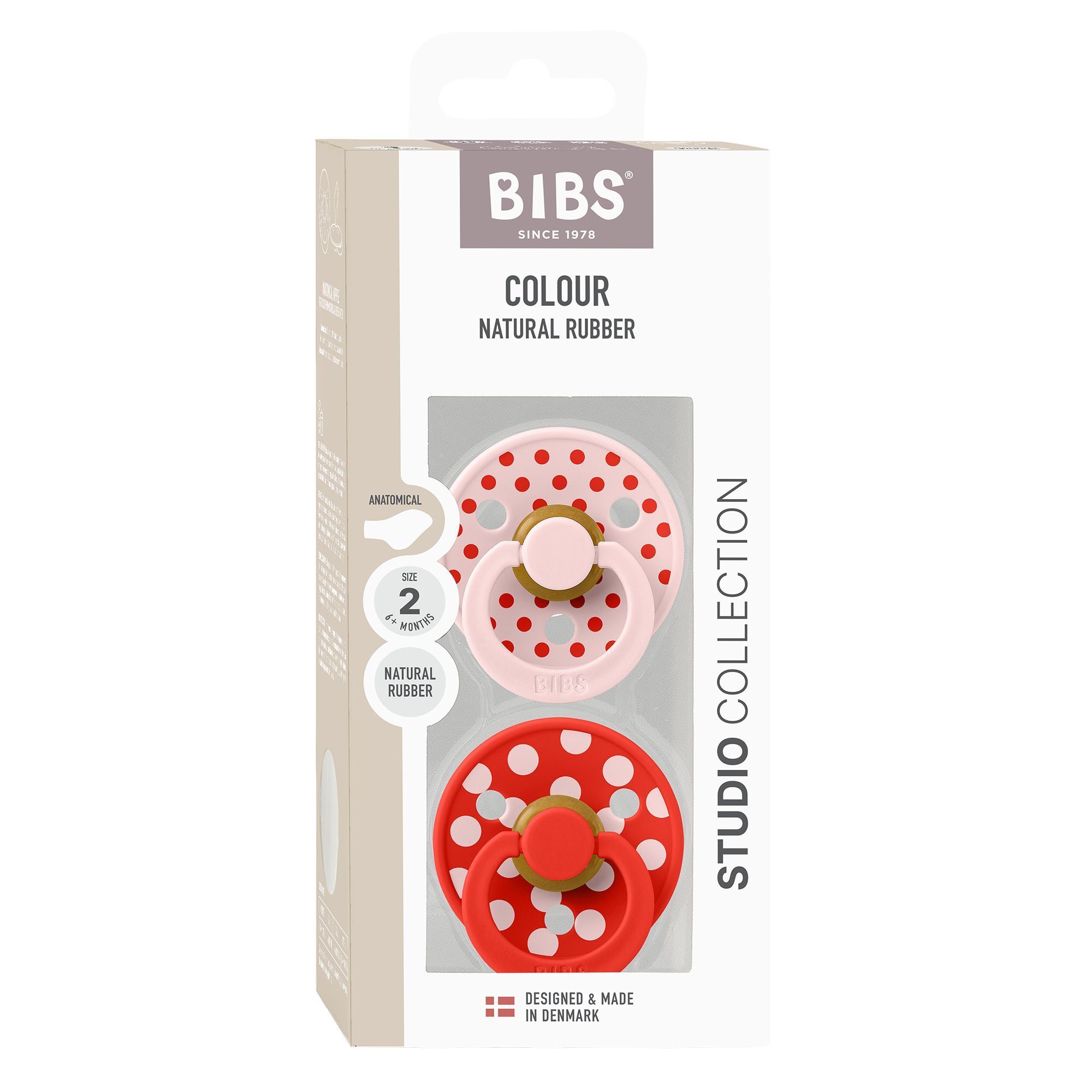 Coffret de tétines Bibs Colour Studio Collection, rouge et rose à pois blancs.