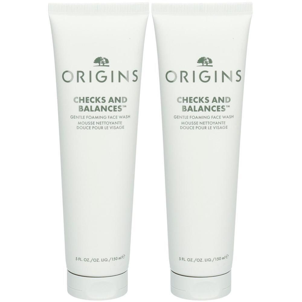 Twee witte tubes Origins Checks and Balances Gentle Foaming Face Wash.