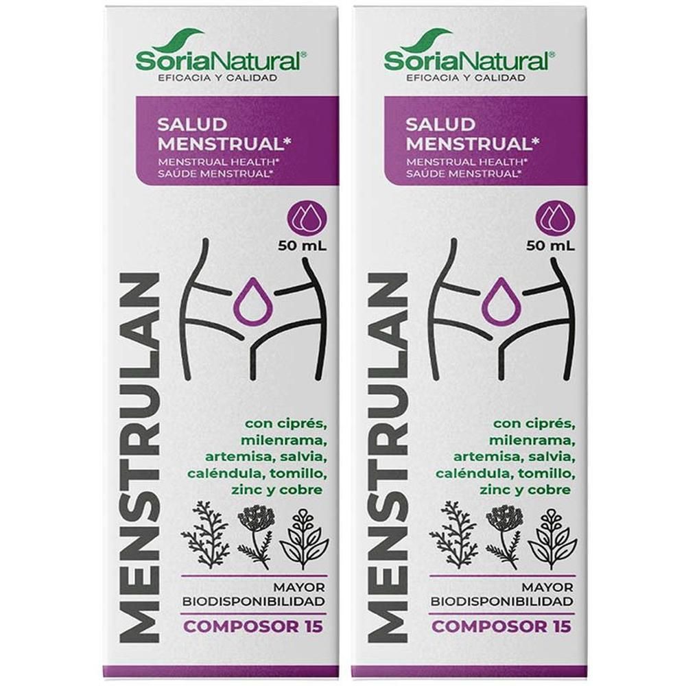 Twee pakken Soria Natural Menstrulan, 50 ml. Voor menstruatiegezondheid.