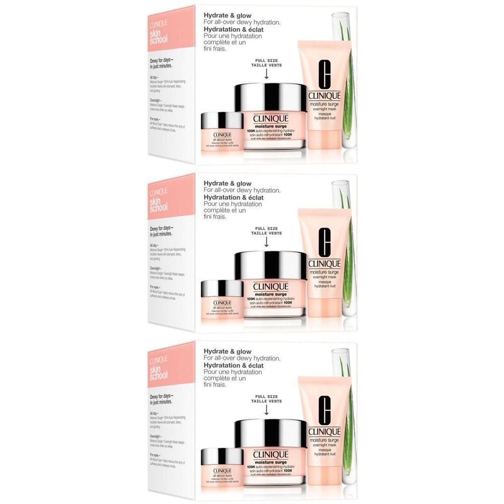 Set Clinique Hydrate & Glow comprenant trois produits hydratants : deux pots et un tube.