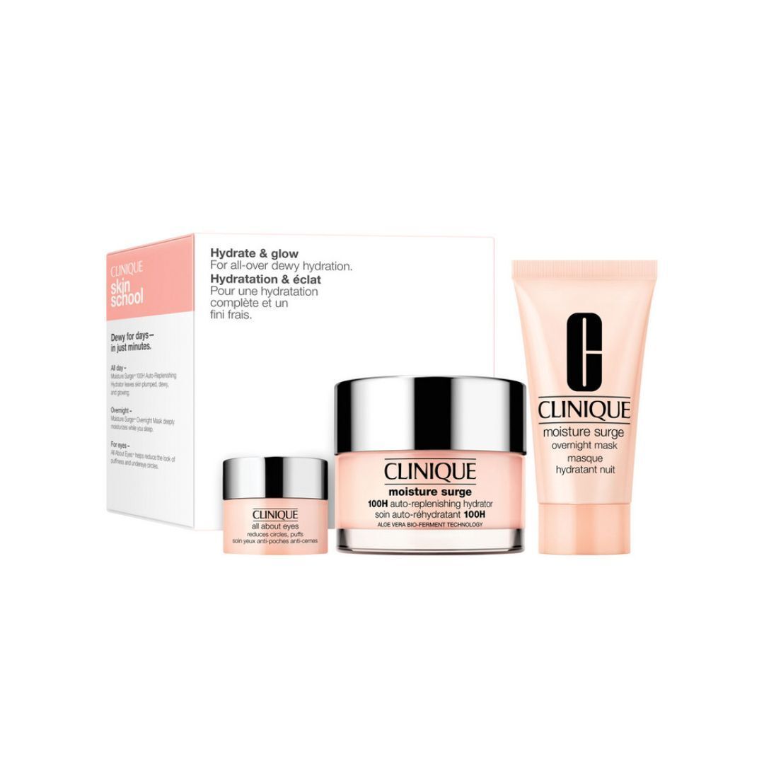 Set Clinique Hydrate & Glow avec deux pots et un tube de soin hydratant.