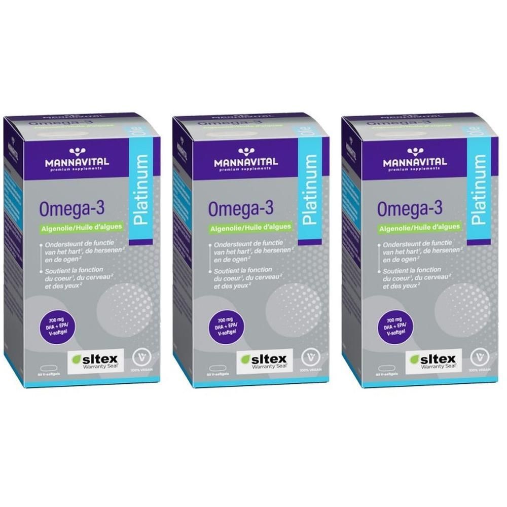 Drie verpakkingen Mannavital Omega-3 Algenolie, Platinum.