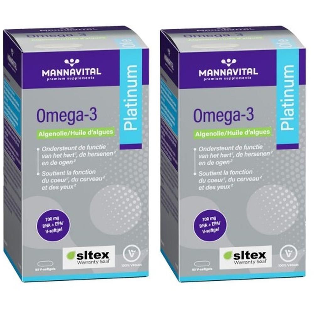 Deux boîtes de capsules Mannavital Oméga-3 Huile d'Algues. Ligne Platinum, 700 mg DHA/EPA.
