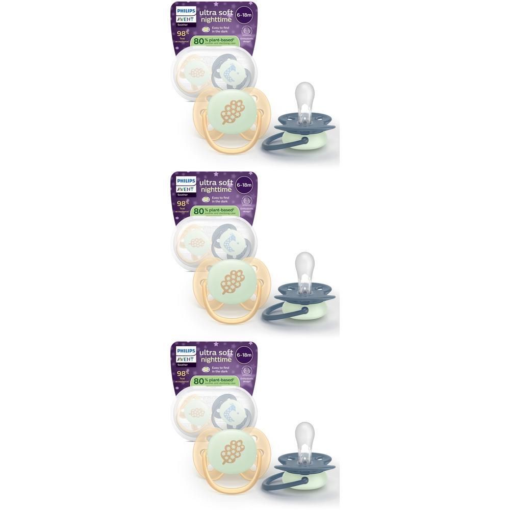 Deux sucettes Philips Avent Ultra Soft Nuit, 6-18 mois, pêche et bleu.