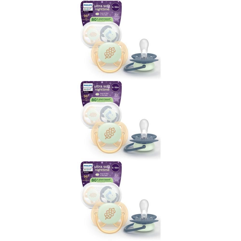 Twee Philips Avent Ultra Soft Nachtspenen, 6-18 maanden, perzik en blauw.