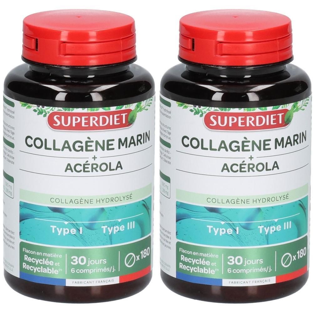 Deux flacons de Super Diet Collagène Marin + Acerola. Contient du collagène de type I et III.