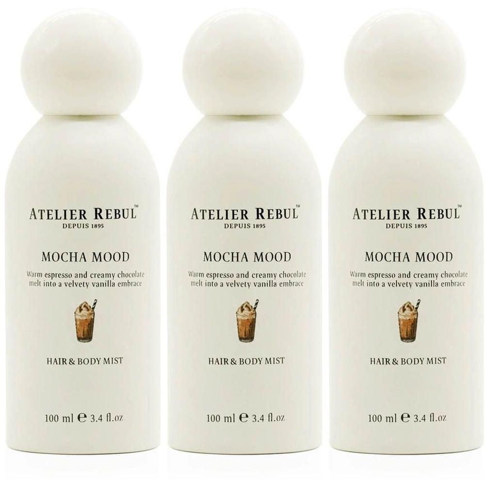 Drie flessen Atelier Rebul Mocha Mood Hair & Body Mist, 100 ml.
