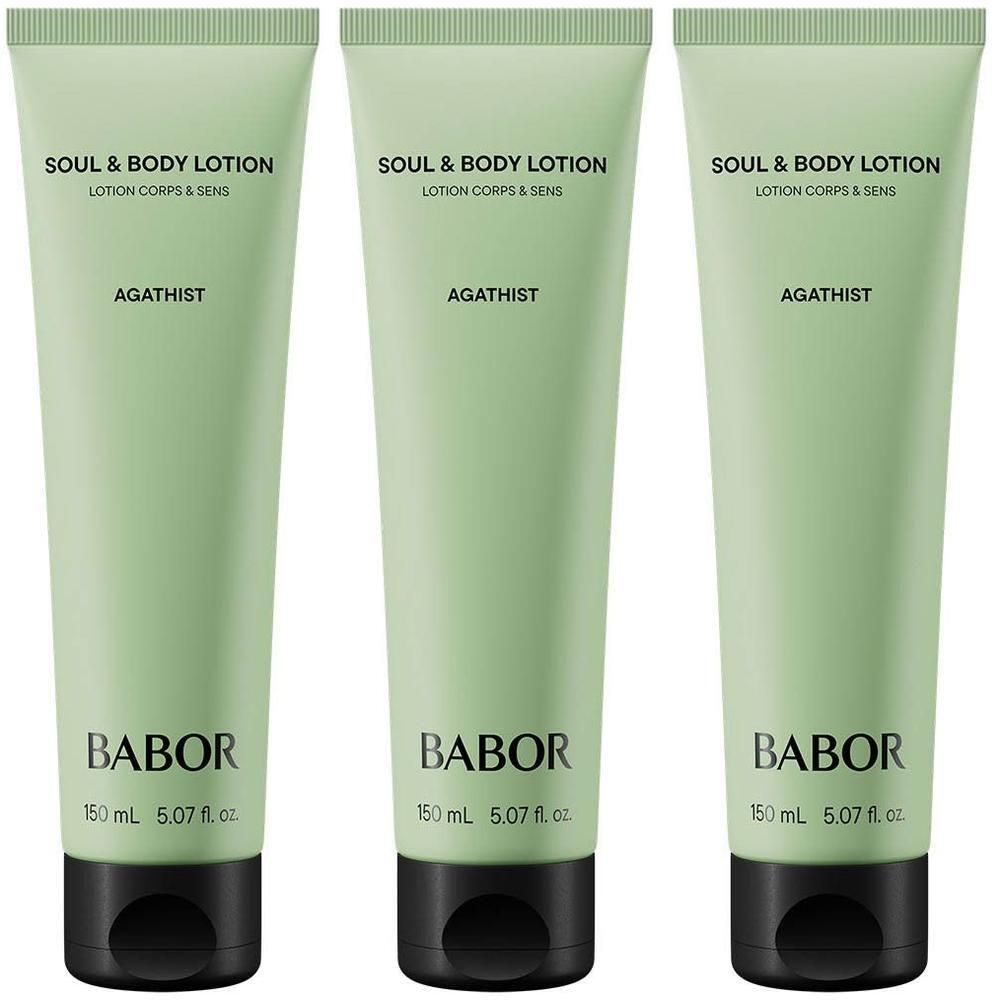 Drie groene tubes Babor Soul & Body Lotion Agathist, 150 ml.