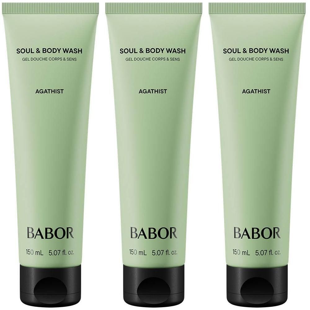 Trois tubes verts Babor Soul & Body Wash Agathist avec bouchon noir. 150 ml.