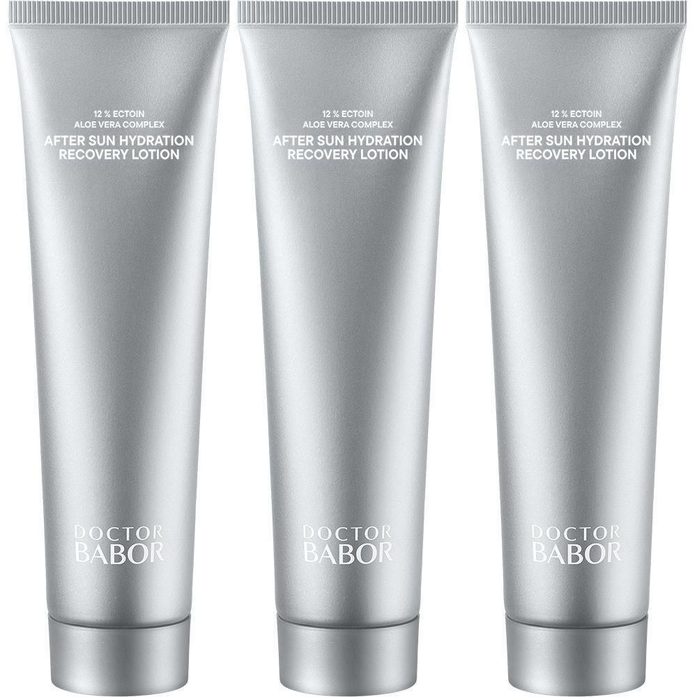 Drie tubes Babor After Sun Hydration Recovery Lotion naast elkaar.