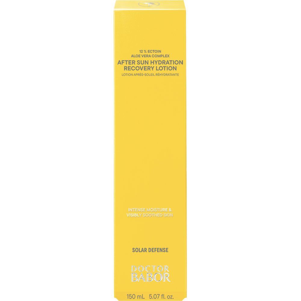 Gele verpakking van Babor After Sun Hydration Recovery Lotion met productinformatie.