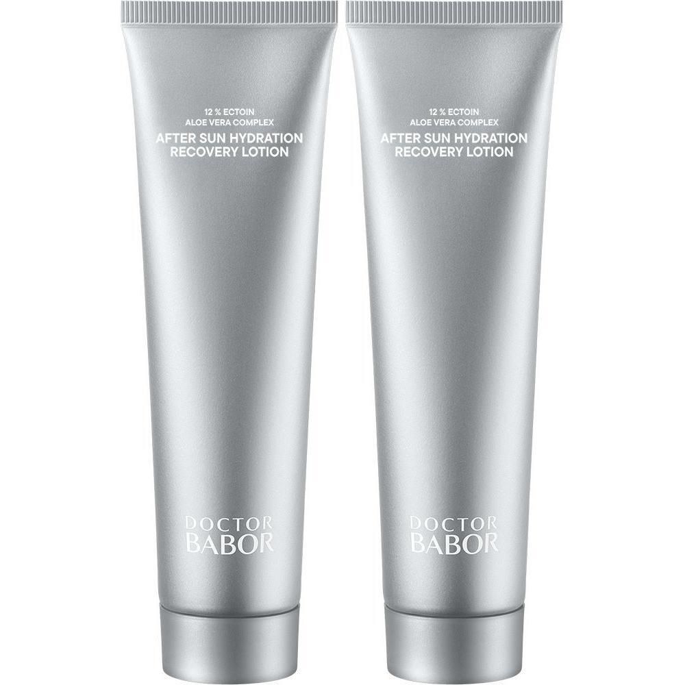 Deux tubes argentés de Babor After Sun Hydration Recovery Lotion.