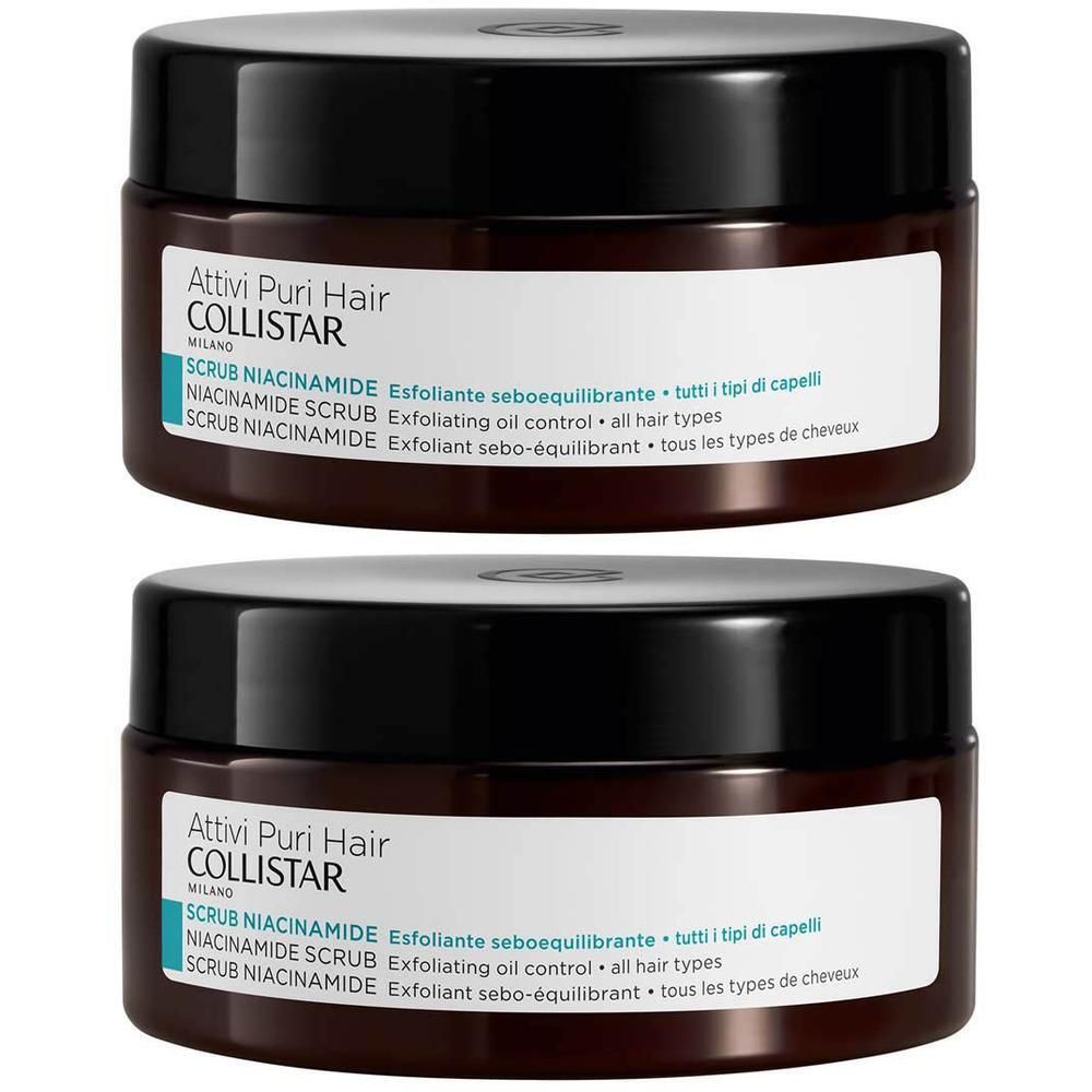 Deux pots marron avec couvercle noir, Collistar Scrub Niacinamide.