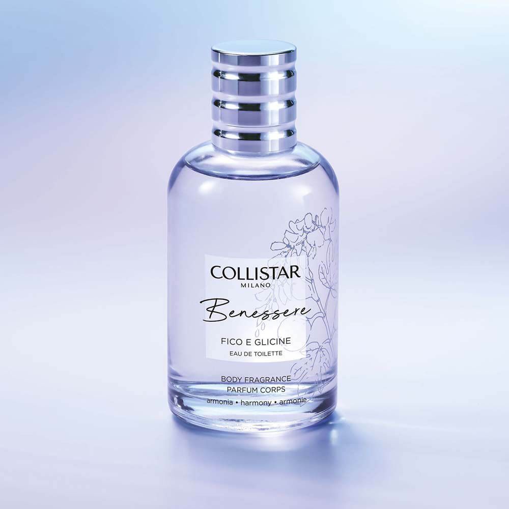 Un flacon de Collistar Benessere Fico e Glicine Eau de Toilette avec un bouchon argenté.