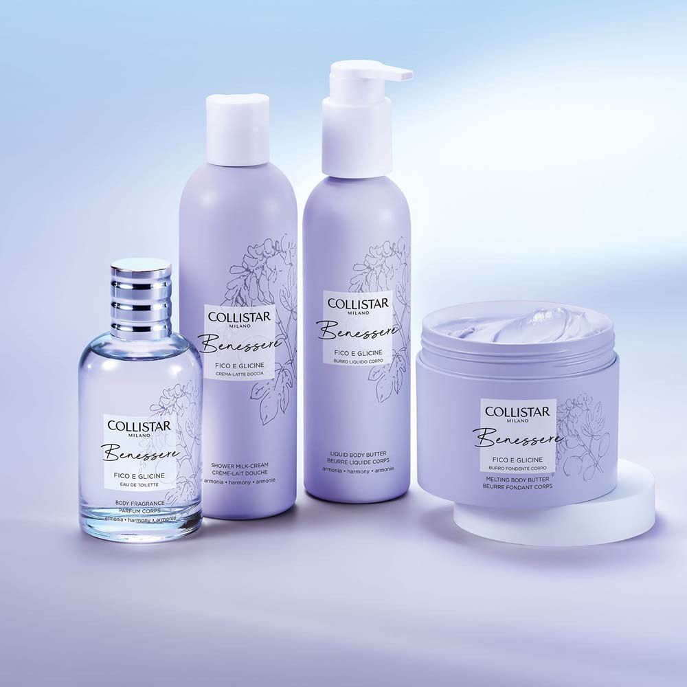 Collistar Benessere Fico e Glicine: Eau de Toilette, Douchegel, Body Butter en Body Cream.