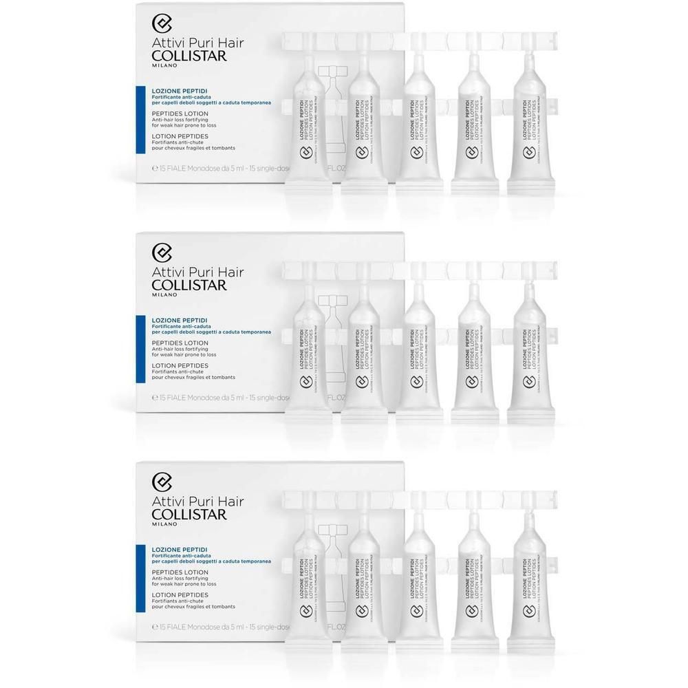 Trois paquets de Lotion Peptides Collistar, chacun contenant 5 ampoules.