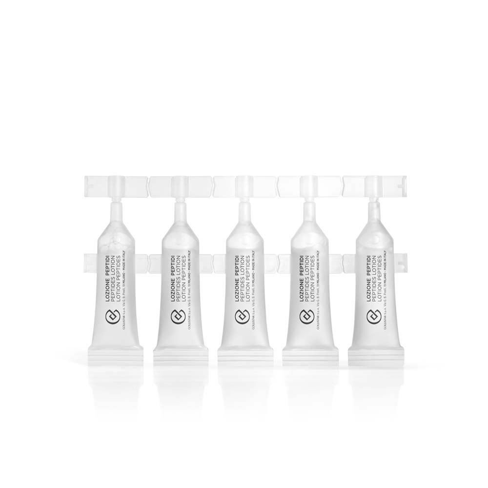 Cinq ampoules unidoses de Lotion Peptides Collistar dans un support.