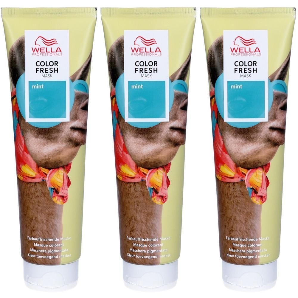 Drie tubes Wella Color Fresh Mask Mint met lama-design.