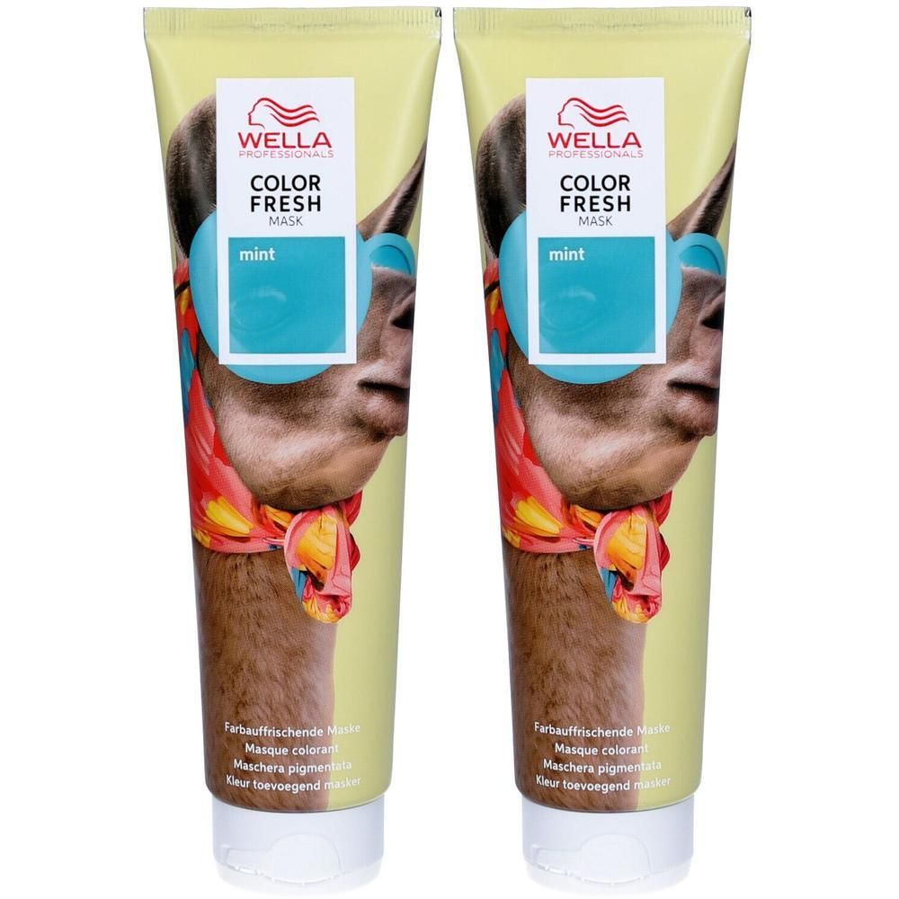 Deux tubes de Wella Color Fresh Mask Menthe avec un lama et des accents vert pastel.
