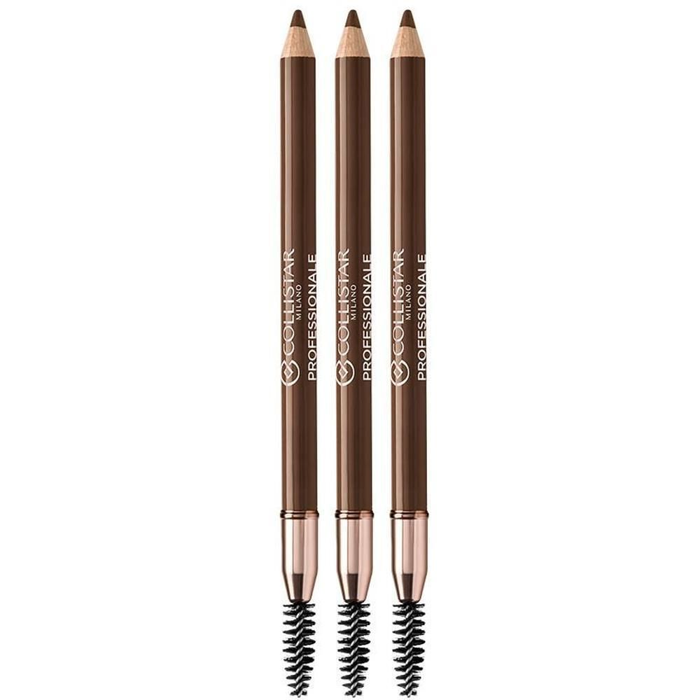Trois crayons à sourcils marron avec brosse intégrée.